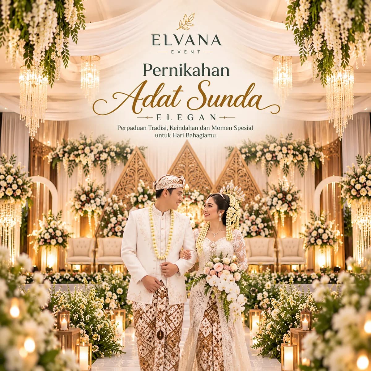 Inspirasi dekorasi pelaminan adat Sunda elegan dengan pasangan pengantin, bunga pastel, dan pencahayaan hangat – ELVANA EVENT