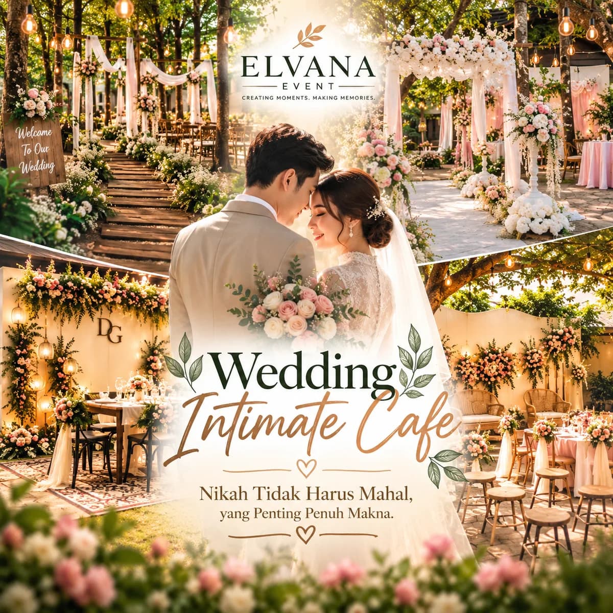 Inspirasi dekorasi intimate wedding cafe Jakarta oleh ELVANA EVENT dengan pasangan pengantin, bunga pastel dan suasana garden cafe romantis.