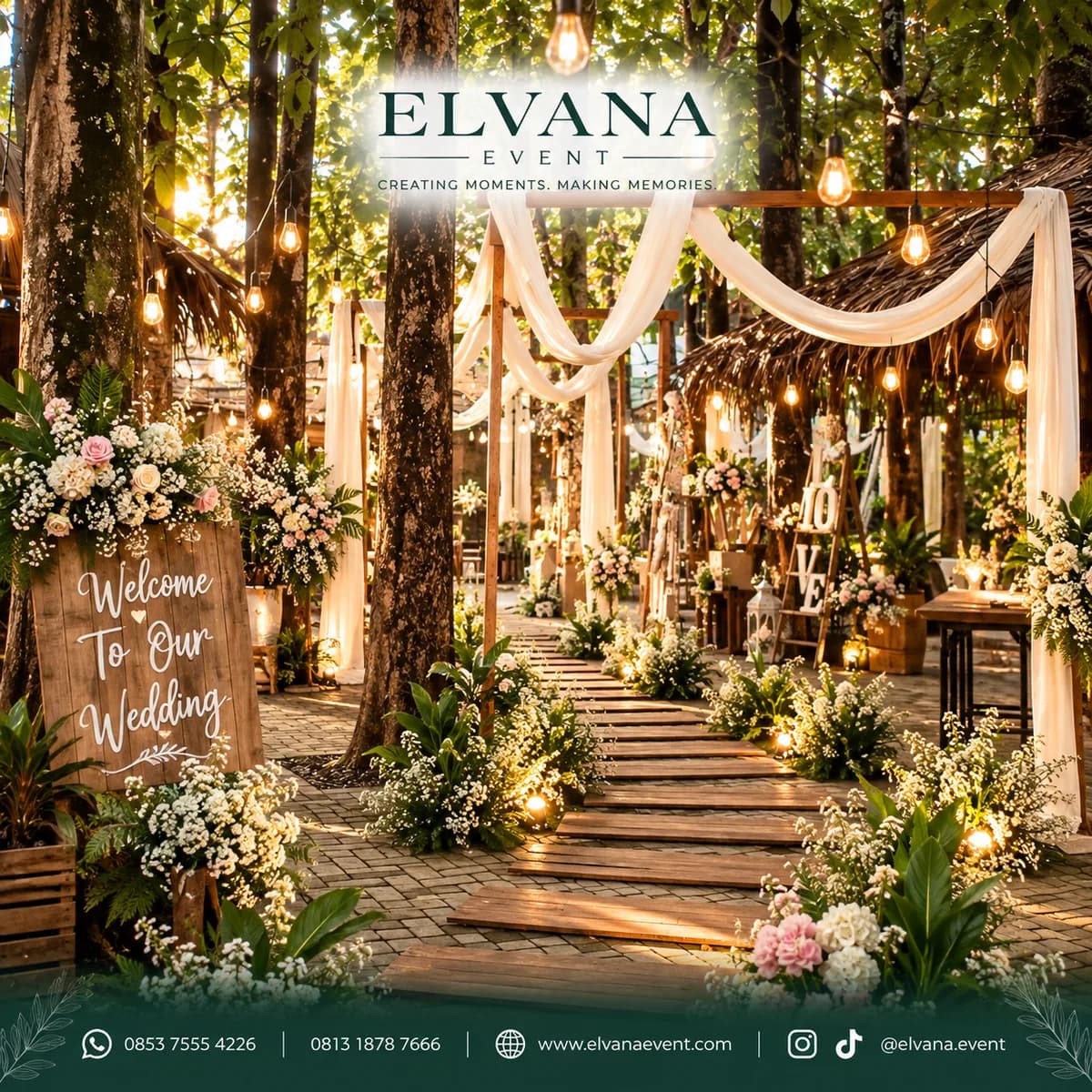 Inspirasi dekorasi intimate cafe wedding outdoor dengan bunga pastel, pelaminan elegan, lampu gantung, dan suasana taman romantis.